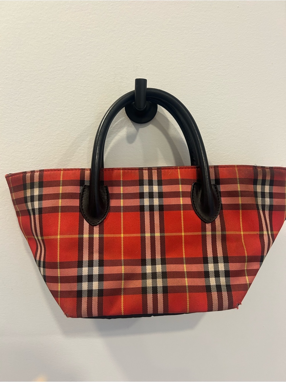Burberry Red Plaid Shoulder Tote with Black Handles
